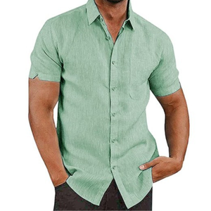Maglietta estiva maschile camicia Casual camicia di <span class=keywords><strong>lino</strong></span> con bottoni a maniche corte tinta unita - Product Image 2