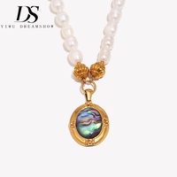 Collier de perles d'eau douce Dreamshow avec pendentif en coquille d'ormeau, pendentif ovale, collier de perles, style poli, bijoux pour femmes