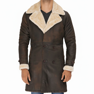 Softshell-abrigo de cuero marrón para hombre, doble botonadura, Sherpa, personalizado completo con collar de sherpa amplio y botón, dos bolsillos para exterior - Product Image 1