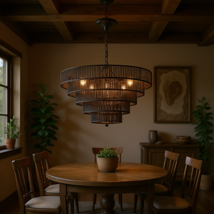 Lampadario Rustico Boho Farmhouse a 5 Livelli in Corda di Canapa Nera da 24 Pollici con Portalampada E12 per Sala da Pranzo - Product Image 2