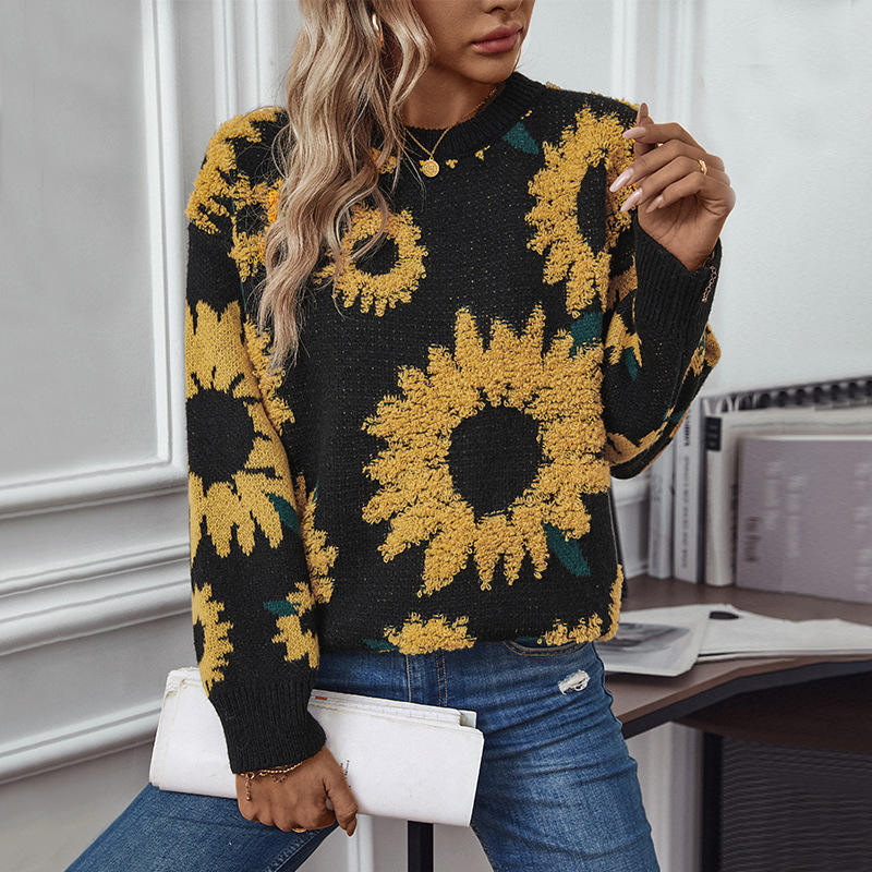 Sunflower 3D Jacquard Weave Women's Sweaters Long Sleeve Ladies