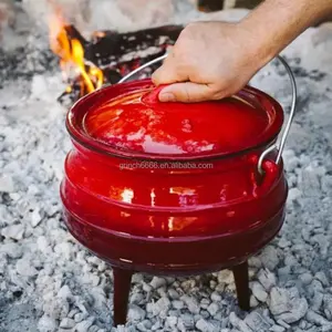 3 Legged Potjie Pot Red Enamel Finish 7.8L Potjie Pot Pre-Seasoned Cauldron Cast Iron Potjie Pot Outdoor Cookware