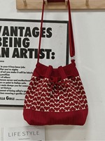 Sac fourre-tout portable tout-en-un en tricot à cordon de serrage grande capacité pour femme, avec motif cœur, style mignon et design seau