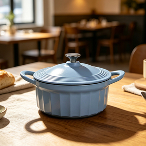 Cocotte en fonte émaillée bleu poussière avec couvercle, ronde cannelée pour braiser, cuire au four et mijoter, couvercle auto-égouttant - Product Image 2