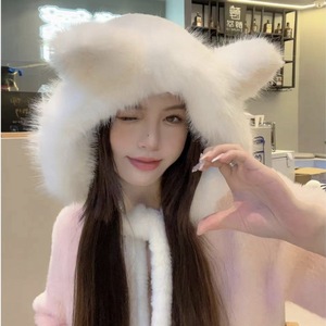 Bonnet en peluche avec oreilles de renard mignonnes, avec rabats pour les oreilles, chapeau d'hiver chaud pour femmes, style coréen, pour adultes, rose, blanc, gris, kaki, beige - Product Image 1