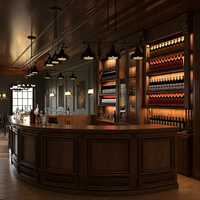 Comptoir de bar en bois massif sculpté en arc, style bois classique de luxe haut de gamme, avec cave à vin intégrée à température constante
