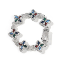 Nouveau Design Hip Hop Rose Blanc Coloré Bracelet Collier Trèfle en Zircon Cubique Laiton Sertis de Strass Fleur Zircon Diamant 5A Chaîne Cubaine