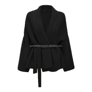 Cardigans de Inverno Elegantes com Cinto, Jaqueta de Gola Reversa Francesa, Cardigans Tricotados de Comprimento Médio para Mulheres - Product Image 3