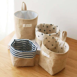 Jute Hanging Pocket Small Sack Sundries Storage Box With Handle Cosmetic Storage Bag Cotton Linen Bag Desktop Storage Basket