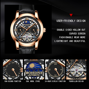 Reloj Mecánico Automático Multifuncional para Hombre, Correa de Cuero, Deportivo, Resistente al Agua, Resistencia al Agua de 30 m, Reloj Negro - Product Image 5