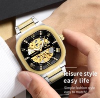 Montre mécanique en or rose pour hommes, automatique, squelette, boîtier coussin, cadran noir, bracelet en métal, chiffres romains lumineux