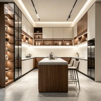 Ensemble d'armoires de cuisine modernes Japandi personnalisées XINGRUO, îlot en bois cannelé, design Urban Zen, armoires sans poignées en bois grainé