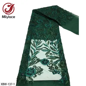 Elegant Wedding Material Emerald Green Embroidery Flower African Luxury Hand Beaded Lace Fabric