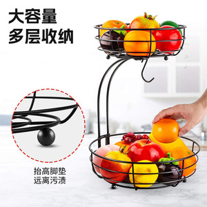 Cesta Redonda de Dos Niveles para Frutas con Gancho para Plátanos, Cesta de Almacenamiento Desmontable para Encimera de Cocina, Negra, Plateada, Marrón - Product Image 2