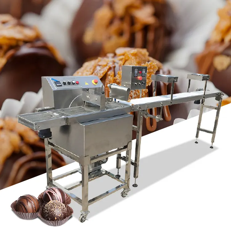 2021 الجدول الأعلى البسيطة الشوكولاته enrobing آلة طلاء الشوكولاته الصغيرة خط تصنيع لشريط رقائق إنتاج البسكويت