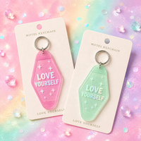 Porte-clés d'hôtel personnalisés : Cadeau d'encouragement sur le thème de la santé mentale, holographique, pastel, amour-propre, en plastique, style motel