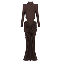 Robe moulante plissée à col montant et manches longues, taille évidée, collection automne-hiver, production sur mesure OEM