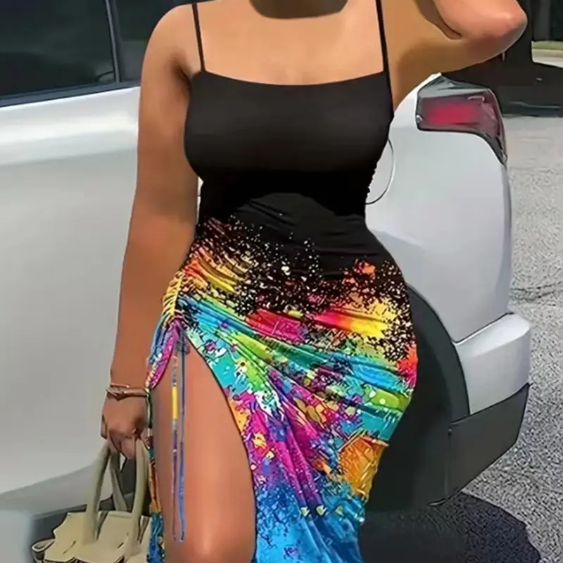 2024 Summer Sexy Hottie Backless Slit Pleated Slim Digital Print Halter Women's Dresses