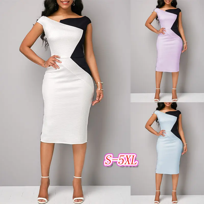 Elegant Women Sleeveless Contrast Color Dress Ladies Career Formal Wear Dresses