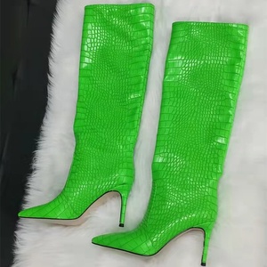 Botas de cuero con estampado animal verde fluorescente, botas cortas hasta la rodilla, zapatos de moda de invierno, tacón con punta puntiaguda, talla grande 43 - Product Image 5