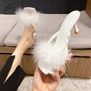 Nuovi Sandali Estivi da Donna con Tacco Alto, Punta Aperta, Sexy, con Pelliccia e <span class=keywords><strong>Piume</strong></span>, Ciabatte Slip-on alla Moda - Product Image 4