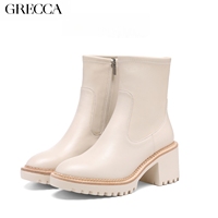Sepatu Boots Wanita Kulit Sapi Hitam Klasik Retro dengan Hak Blok oleh GRECCA, Model Slip-On Sol Tebal Serbaguna untuk Semua Musim