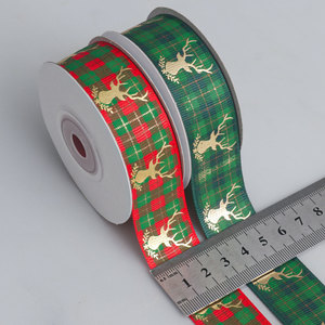 Ruban en polyester à carreaux de Noël en gros-grain avec motif tête de cerf et estampage à chaud doré, pour nœuds cadeaux DIY et emballage de sapins de Noël - Product Image 3