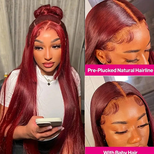 Siêu Chất Lượng Cao 13X4 HD Ren Trong Suốt Phía Trước Mật Độ Cao 99J Màu Đỏ Tía Thẳng Tóc Con Người Tóc Giả - Product Image 2
