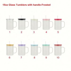 Nouvel arrivage en stock : Verre givré transparent de 15 oz, vierge pour sublimation, type canette, pot Mason, pour soda, lait et bière, avec couvercle coloré et paille - Product Image 4