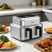 Friteuse à air électrique domestique en acier inoxydable avec panier antiadhésif, contrôle numérique intelligent, cuisson sans huile, forme carrée
