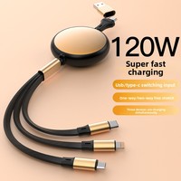 Cable de Datos Telescópico de 120W con 2 Cables y 3 Líneas de Carga Rápida, Revestimiento de TPE, Conectores Micro USB/Tipo-C para Teléfonos Móviles Android, 12 Meses