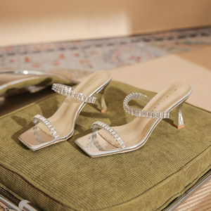 Mules de luxe à bout ouvert ornées de strass, talons bas, dernières tendances pour femmes - Product Image 1