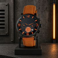 Montre à quartz multifonction pour homme avec boîtier en acier inoxydable, bracelet en cuir véritable, montre-bracelet décontractée pour homme