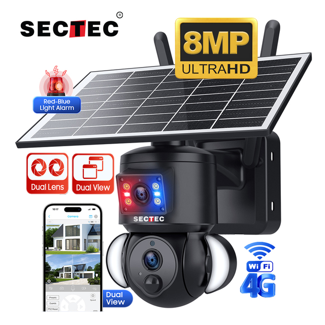 8MP 4G GSM Panoramic Wireless CCTV Camera Outdoor Dome Security PTZ Camera Dual Lens Floodlight Network 4G Solar Battery Camera
