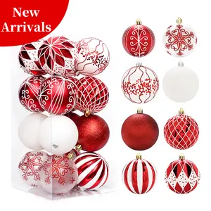 Ornamen bola dekorasi Natal plastik gantung kustom 16 buah 80mm Noel natal merah putih baru grosir