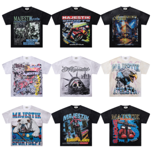 Shining Rhinestone MAJESTIK Men's T-Shirt Washed Cotton Short Sleeve American High Street Oversized Hip Hop Casual Graphic Shirt - Product Image 1