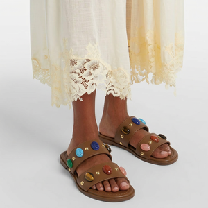 Sandali piatti marroni bohémien da donna, ciabatte <span class=keywords><strong>con</strong></span> <span class=keywords><strong>borchie</strong></span> di pietre preziose colorate, calzature in pelle alla moda per le vacanze - Product Image 5