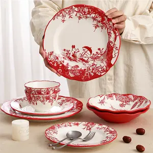 Assiette en céramique imprimée de lapin de fleur rouge de style Vintage assiette de dîner occidentale assiette en porcelaine pour l'usage domestique
