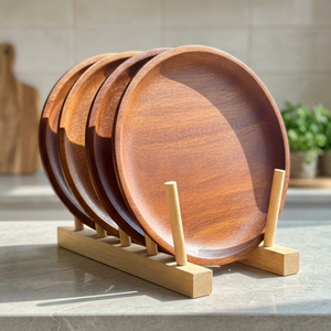 Plateau de service en bois brun écologique, peint à la main, design bohème rond, pour cadeaux, décoration de table, fabriqué au Vietnam - Product Image 1