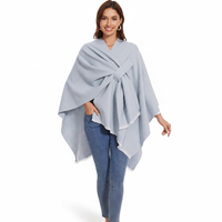 Poncho châle uni pour femme à nouer devant - Cape réversible en fausse cachemire avec bords effilochés, poncho en tricot de couleur neutre