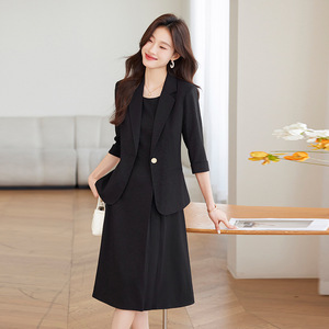 Women's Black Business Suit Set Two Piece Office Lady Crepe Long Skirt Three Quarter Sleeve Breathable Summer Style - Product Image 2