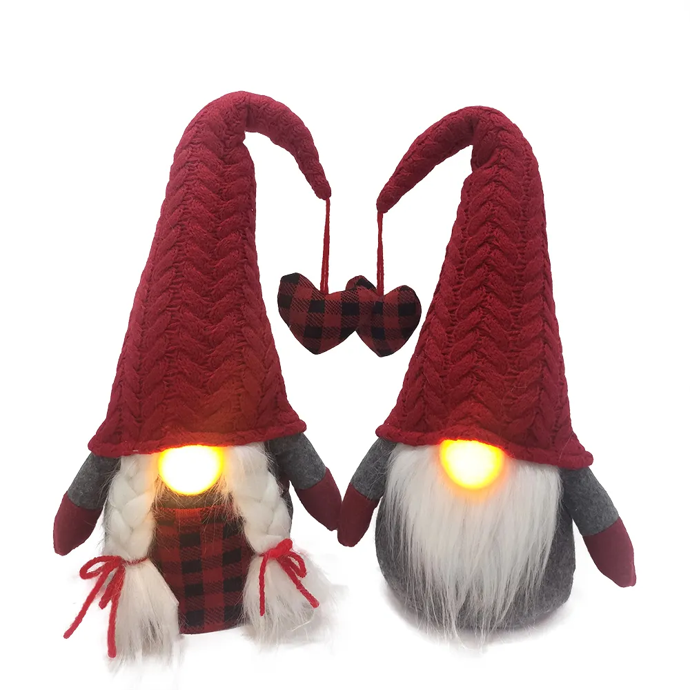 LED Christmas 2023 Mr   Mrs Handmade Xmas Valentine Decor Light Up Nose Red Knitted Gnomes Gonk with Heart