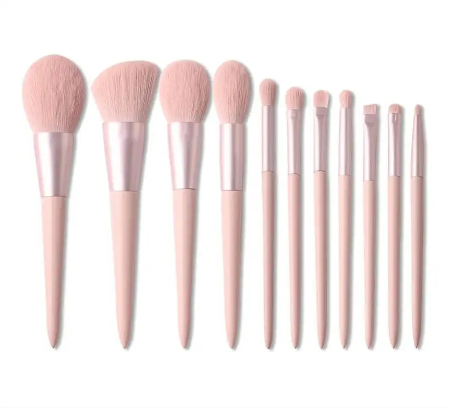 11PCS Synthetic Hair Pink Kabuki Brushes China Custom Logo Natural Wooden Handle Makeup Brush Set