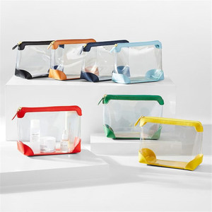 Transparent PVC cosmetic bag/<b>storage</b> bag, minimalist style, clutch zipper bag, leather patchwork <b>toiletry</b> bag. - Product Image 3