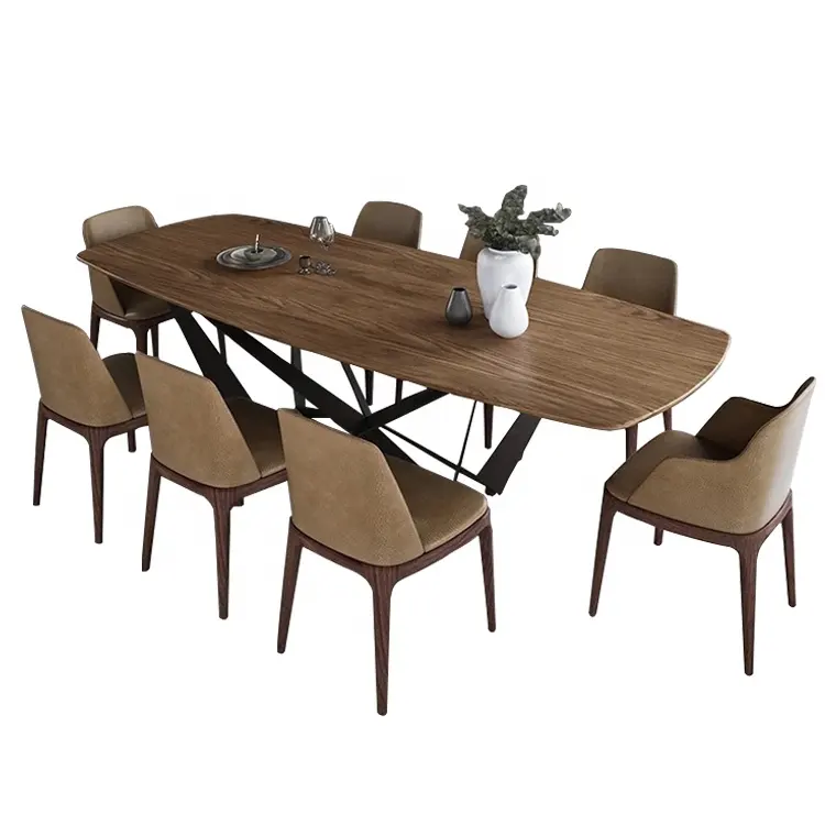 Venta caliente moderno personalizado Natural mesa de restaurante de 10 plazas, mesa de comedor de madera sillas con nido negro pierna de metal