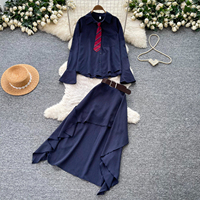 Ensemble 2 pièces pour femmes, chemise à manches longues rayée, jupe à ourlet irrégulier, style preppy, tenues décontractées assorties pour le printemps et l'automne