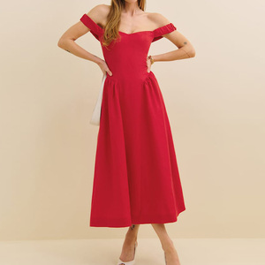 Custom all'ingrosso estate di alta qualità delle donne di cotone elegante di solito vestito una linea di spalle abito lungo per le donne - Product Image 3