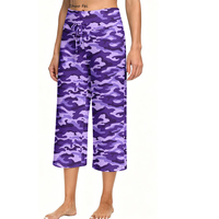 Pantalon Capri Camouflage Violet pour Femme, Taille Haute avec Cordon de Serrage, Style Urbain, Jambes Larges, Tenue de Sport et Yoga, Vêtement d'Été Doux et Confortable