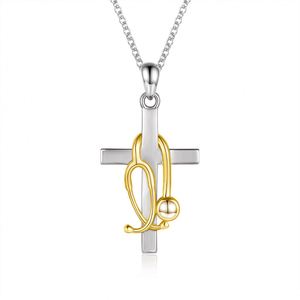 NEW Cross <b>Titanium</b> Steel Pendant Necklace Creative Stethoscope Shape Crystal Rhinestone Cross Necklace for Doctor Nurse Gifts - Product Image 4