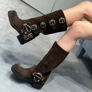 רטרו זמש עור מערב קאובוי נשים של מגפיים גס עבה הברך העקב עבה ברך גבוה מעצב האתחול גברים לנשים בקיץ - Product Image 1